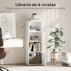 Librería de 4 Niveles Estantería para Libros Moderna con Estantes Abiertos y Puerta 40x30x120 cm Blanco - Ogal.Es