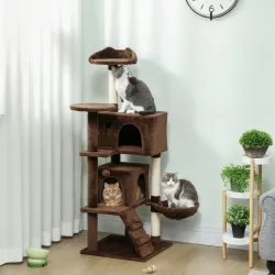 Árbol Rascador para Gatos 140 cm con Plataformas Cama 2 Cuevas Hamaca Escalera Postes de Sisal Marrón - Ogal.Es