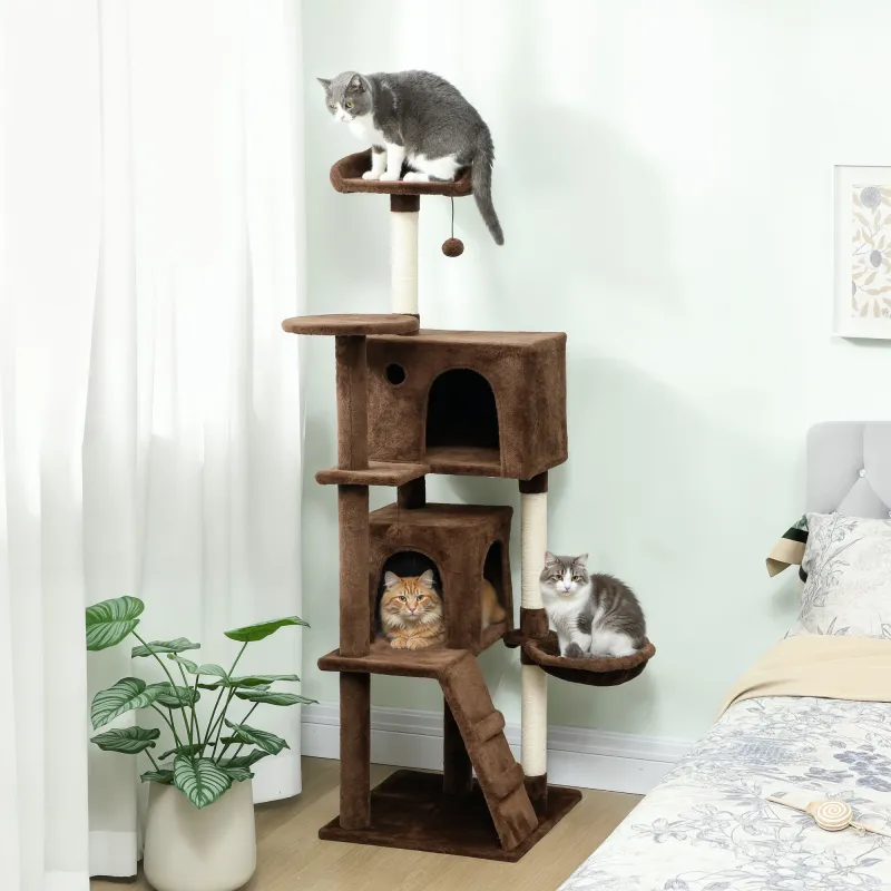 Árbol Rascador para Gatos 160 cm con Plataformas Cama 2 Cuevas Hamaca Escalera Postes de Sisal Marrón - Ogal.Es