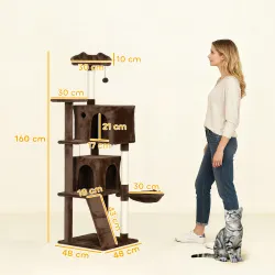 Árbol Rascador para Gatos 160 cm con Plataformas Cama 2 Cuevas Hamaca Escalera Postes de Sisal Marrón - Ogal.Es
