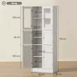 Columna de Baño Estrecha con Puertas de Vidrio Puertas de Lamas Estantes Ajustables 60x30x170 cm Blanco - Ogal.Es