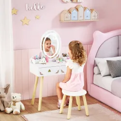 Tocador de Maquillaje Niña con Luces LED de 3 Colores Taburete Espejo 2 Cajones 2 Cajas de Almacenaje Blanco - Ogal.Es