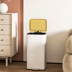 Cubo de Basura Cocina con Pedal 20L Tapa Cierre Suave Cubo Interior Extraíble 29,5x29,5x56,8 cm Blanco y Natural - Ogal.Es