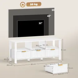 Mueble de TV Moderno con 3 Cajones y 3 Estantes Abiertos para Televisión 43-55 Pulgadas 120x39,5x50 cm Blanco - Ogal.Es