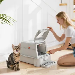 Arenero para Gatos de Acero Inoxidable XL con Tapa Abatible 180° Laterales Altos Pedal Pala Gris Claro - Ogal.Es