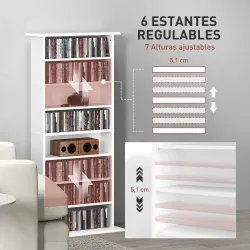 Estantería para CDs y DVDs Estrecha con 8 Compartimentos Estantes Ajustables 58x24x126,3 cm Blanco - Ogal.Es