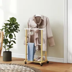 Galán de Noche Bambú con Ruedas Percha Superior Barras para Pantalones y Balda Inferior para zapatos Natural y B... - Ogal.Es