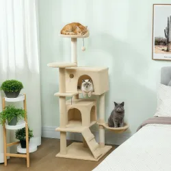Árbol Rascador para Gatos 140 cm con Plataformas Cama 2 Cuevas Hamaca Escalera Postes de Sisal Beige - Ogal.Es