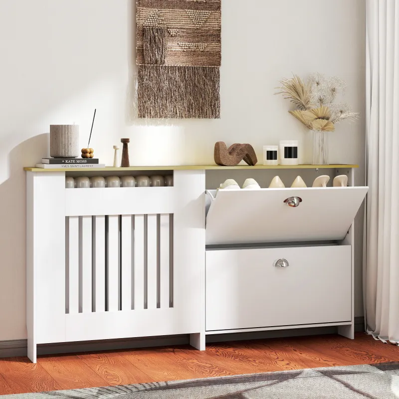 Cubre Radiadores con Zapatero Cubierta para Radiador con 2 Cajones Abatibles 152x19x81 cm Blanco - Ogal.Es