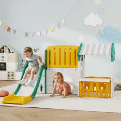 Tobogán Infantil 7 en 1 con Caseta Escalera Aro de Baloncesto Túnel Pizarra Telescopio para Interior Amarillo y ... - Ogal.Es