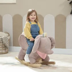 Caballito Balancín para Bebés con Sonido de Elefante y Cinturón de Seguridad de 3 Puntos Base de Madera Marrón - Ogal.Es