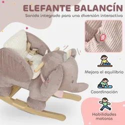 Caballito Balancín para Bebés con Sonido de Elefante y Cinturón de Seguridad de 3 Puntos Base de Madera Marrón - Ogal.Es