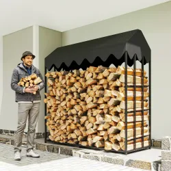 Leñero Exterior Metálico de Chimenea Soporte para Leña con Cubierta Impermeable 186x70x185 cm Negro - Ogal.Es