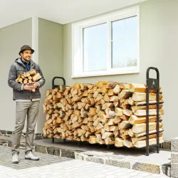 Leñero Exterior Metálico de Chimenea Carga 300 kg con Patas Extra Reforzadas y Diseño Recortado de Fogata Negro - Ogal.Es