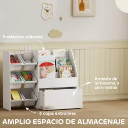 Estantería Infantil para Juguetes con 6 Cajas Extraíbles 3 Estantes Abiertos y Cajón Inferior con Ruedas para Gu... - Ogal.Es