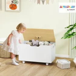 Baúl Juguetes Infantil con Ruedas Tapa Abatible con Bisagra de Seguridad Diseño de Nube Blanco y Natural - Ogal.Es