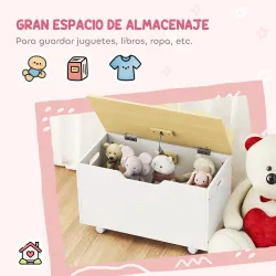 Baúl Juguetes Infantil con Ruedas Tapa Abatible con Bisagra de Seguridad Diseño de Nube Blanco y Natural - Ogal.Es