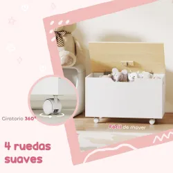 Baúl Juguetes Infantil con Ruedas Tapa Abatible con Bisagra de Seguridad Diseño de Nube Blanco y Natural - Ogal.Es