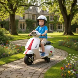 Moto Eléctrica para Niños de 2-6 Años con Batería 6V Faro Bocina y Ruedas Auxiliares Blanco - Ogal.Es