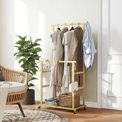 Perchero Colgador de Ropa de Bambú con Ruedas Estante para Zapatos 2 Barras para Colgar 80x40x160 cm Natural - Ogal.Es