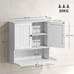 Armario de Baño de Pared Rústico con Estante Ajustable Doble Puerta y Puerta Abatible 60x19,5x60 cm Blanco - Ogal.Es