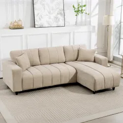 Sofá Chaise Longue Reversible de 4 Plazas 2 Almohadas Tapizado en Lino Marco de Acero 242x156x87 cm Beige - Ogal.Es
