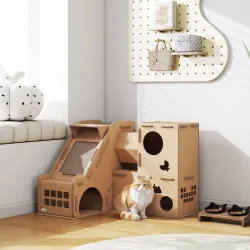 Casa para Gatos de Cartón Forma Castillo 2 Niveles con 3 Zonas de Rascado Túnel Rampa Incluye Hierba Marrón - Ogal.Es