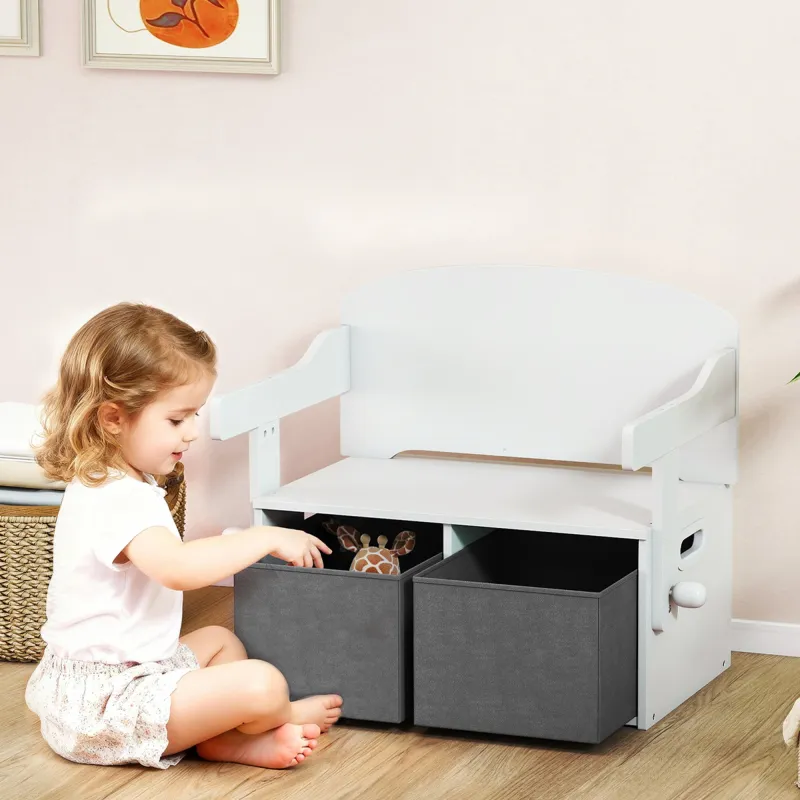 Banco Infantil Convertible 3 en 1 Juego de Mesa y Silla Baúl de Juguetes con Cubos de Tela Extraíbles Blanco - Ogal.Es
