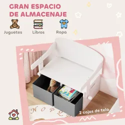Banco Infantil Convertible 3 en 1 Juego de Mesa y Silla Baúl de Juguetes con Cubos de Tela Extraíbles Blanco - Ogal.Es