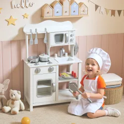 Cocina de Juguete de Madera con Sonido Accesorios Fregadero y Microondas para Niños a Partir de 3 Años Blanco - Ogal.Es