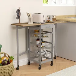Carrito Auxiliar Plegable Carrito de Cocina con 6 Ruedas 1 Cajón y 3 Cesta de Metal 97,2x37x77,5 cm Gris y Roble - Ogal.Es