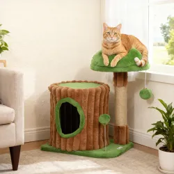 Árbol Rascador para Gatos 53 cm Diseño de Tronco con Casita Cama Poste de Yute Bolas Marrón y Verde - Ogal.Es