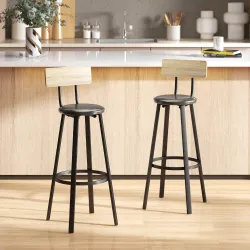 Juego de 2 Taburetes Altos de Cocina con Respaldo y Reposapiés Tapizados de PU Asiento de 75,5 cm Natural y Negro - Ogal.Es