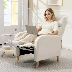 Sillón Relax Reclinable Tapizado en Lino Sintético con Reposapiés y Bolsillos Laterales Carga 135 kg Crema - Ogal.Es