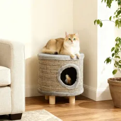 Casa para Gatos 3 en 1 Taburete Reposapiés Cama para Gatos con Rascador Patas de Madera Pluma 36x36x38 cm Gris - Ogal.Es