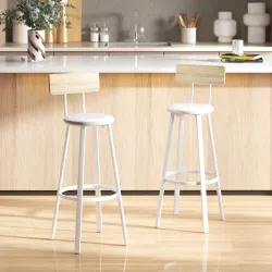 Juego de 2 Taburetes Altos de Cocina con Respaldo y Reposapiés Tapizados de PU Asiento de 75,5 cm Natural y Blanco - Ogal.Es