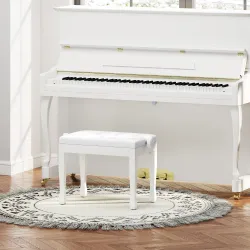 Banco de Piano Altura Ajustable Banqueta de Piano Asiento de Cuero Sintético Patas de Madera 64x35x55 cm Blanco - Ogal.Es