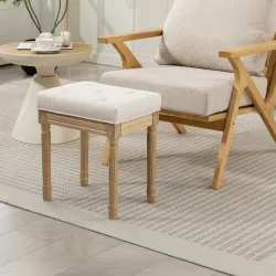 Reposapiés Salón Estilo Rústico Tapizado en Lino Sintético con Madera Maciza Patas Talladas Asiento Acolchado Beige - Ogal.Es