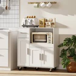 Mueble Auxiliar de Cocina con Ruedas Aparador de Cocina para Microondas con Bandeja Deslizante 80x40x88,7 cm Blanco - Ogal.Es