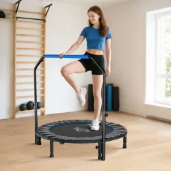 Trampolín de Fitness Adultos Ø122 cm, Cama Elástica Plegable con Mango Ajustable de 4 Niveles Negro y Azul - Ogal.Es