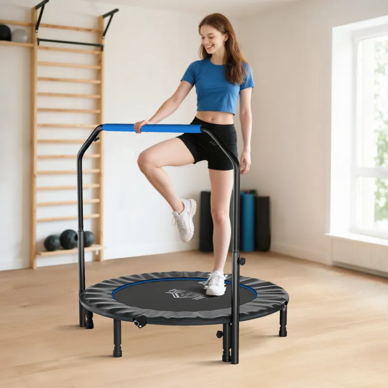 Trampolín de Fitness Adultos Ø122 cm, Cama Elástica Plegable con Mango Ajustable de 4 Niveles Negro y Azul - Ogal.Es