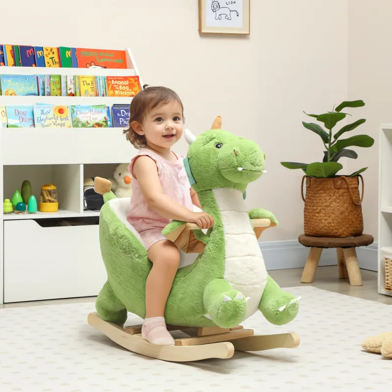 Caballito Balancín para Bebés de Peluche con Base de Madera con Sonido de Dragón para Niños 18-36 Meses Verde - Ogal.Es