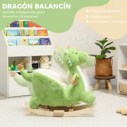 Caballito Balancín para Bebés de Peluche con Base de Madera con Sonido de Dragón para Niños 18-36 Meses Verde - Ogal.Es
