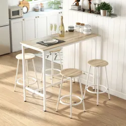 Set de Mesa de Bar y 4 Taburetes Estilo Industrial Marco de Metal para Cocina Salón Natural y Blanco - Ogal.Es