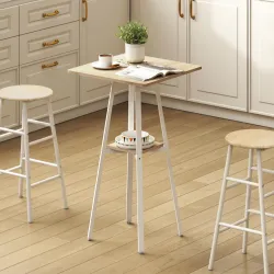Mesa Alta Cocina Cuadrada con Estante para 2 Personas Patas de Metal 55x55x95 cm Madera Natural y Blanco - Ogal.Es