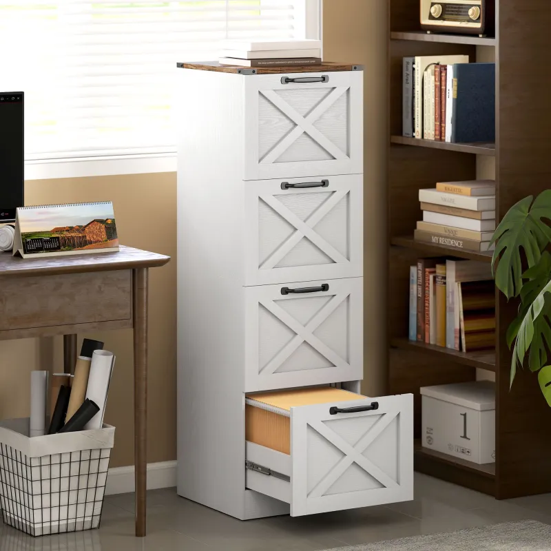 Cajonera Escritorio con 4 Cajones Soporte para Impresora con Riel Colgante para A4 y Carta 40x40x131 cm Blanco - Ogal.Es