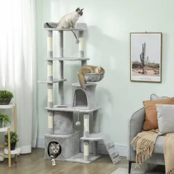 Árbol Rascador para Gatos Grande Altura 170 cm con 7 Postes 1 Túnel 3 Plataformas 2 Cuevas 1 Hamaca Gris Claro - Ogal.Es