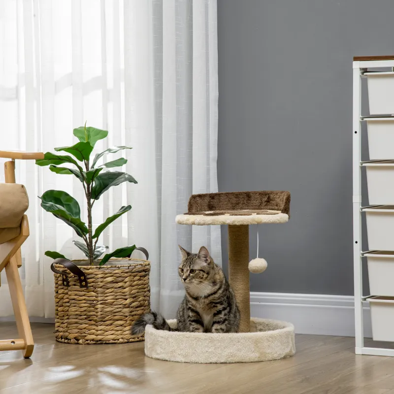 Árbol Rascador para Gatos Altura 44 cm Torre de Escalada con 2 Camas Poste de Yute, Juguete Colgante Marrón - Ogal.Es