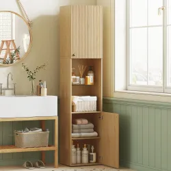 Armario de Baño Alto de 6 Niveles con 2 Puertas Estante de Vidrio Templado Estantes Ajustables 40x31x182 cm Roble - Ogal.Es