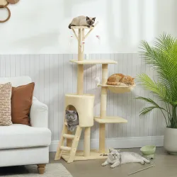 Árbol Rascador para Gatos Altura 134 cm con 6 Postes 3 Plataformas Cueva Hamaca Escalera 4 Juguetes Colgantes Beige - Ogal.Es
